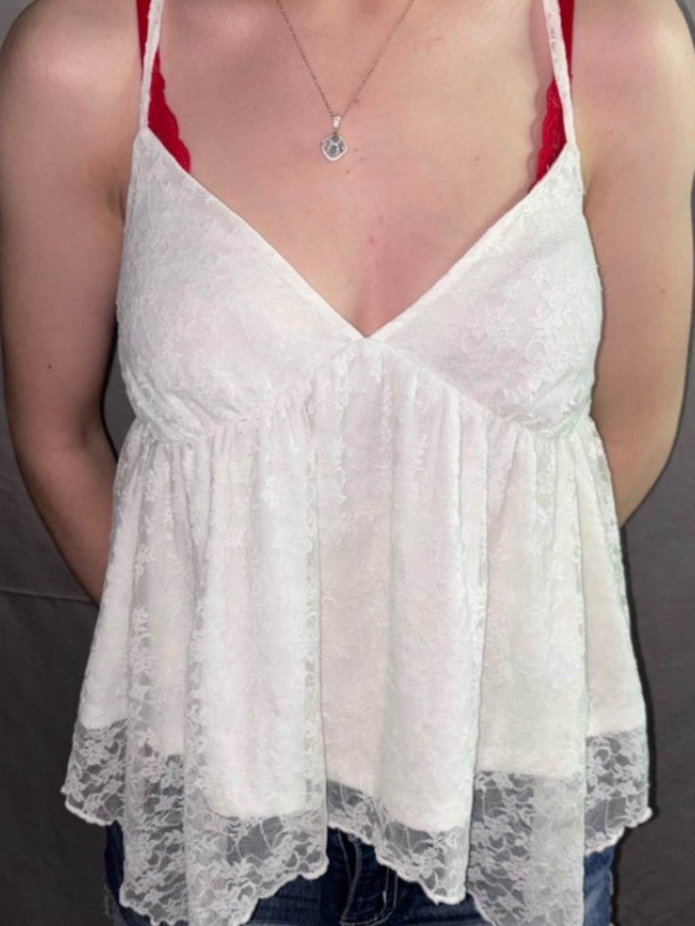 White Lace V-Neck Babydoll Tank Top